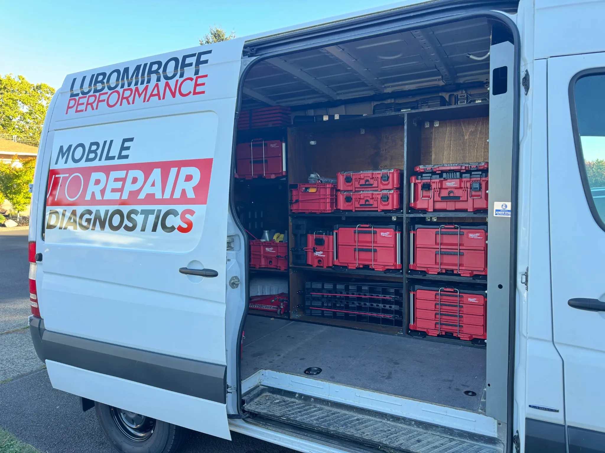 Tools organized inside the Lubomiroff Performance mobile service van