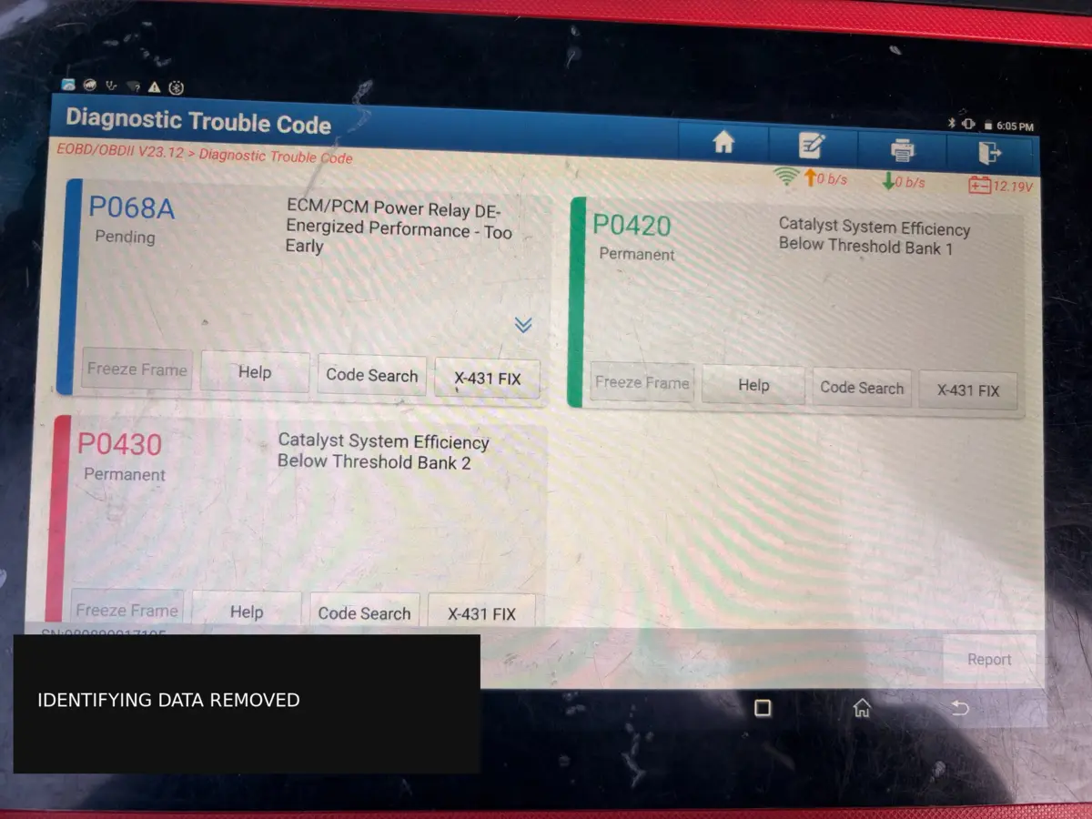 Diagnostic scan showing permanent catalyst-efficiency faults on the Ford Raptor.